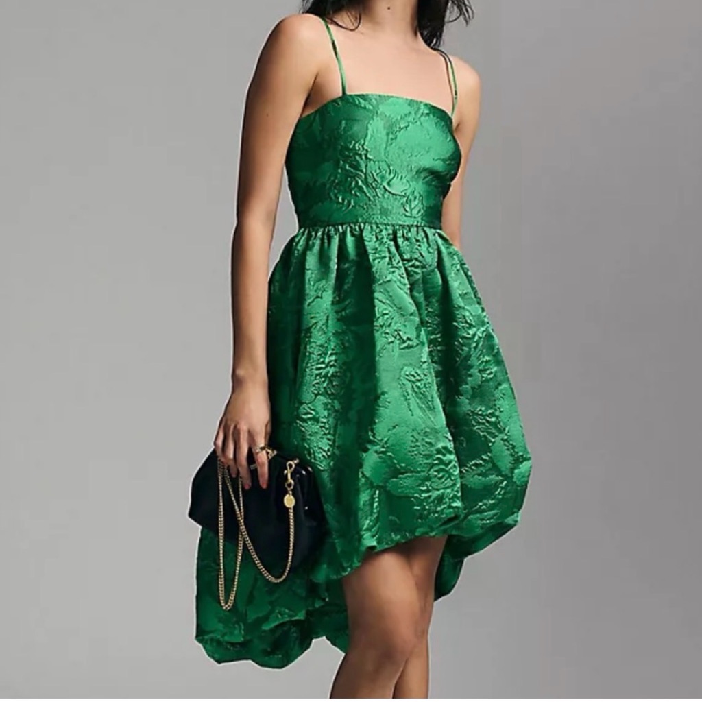 Anthropologie Bright Green Jacquard High-Low Spaghetti Strap Dress